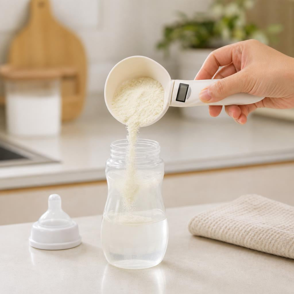 PesaSpoon en uso, vertiendo leche en polvo medida en un biberon